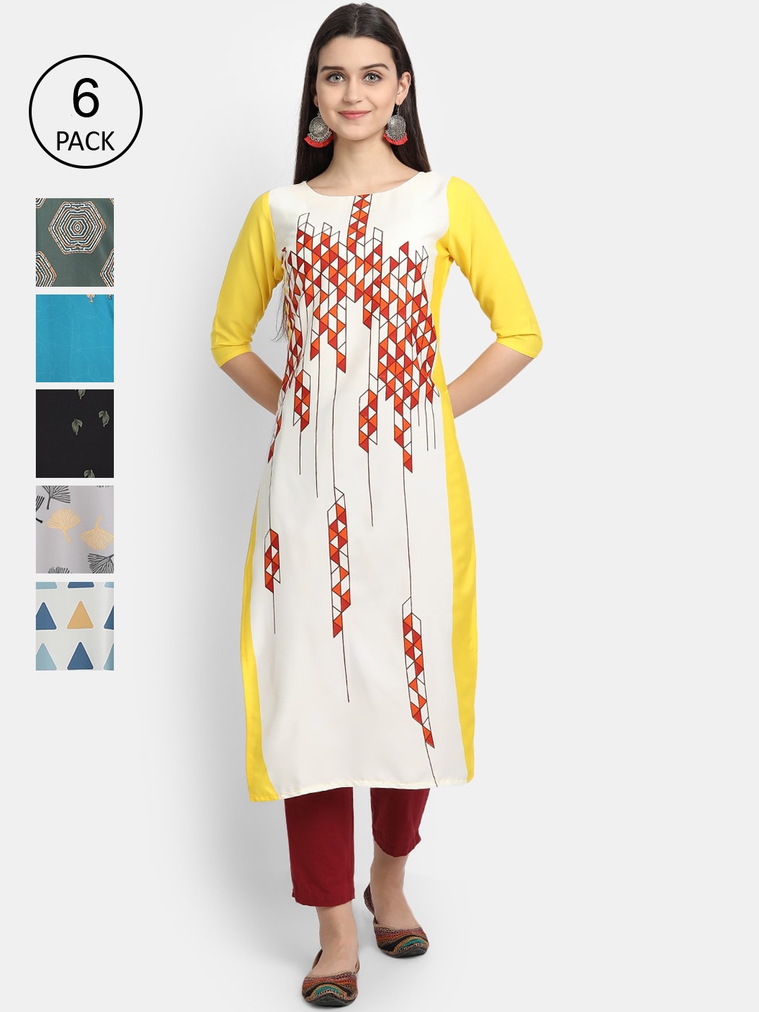 

7Threads Pack of 6 Women Printed Crepe Kurta, Multi