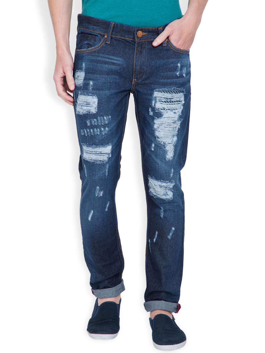 

LOCOMOTIVE Blue Straight Fit Distressed Jeans