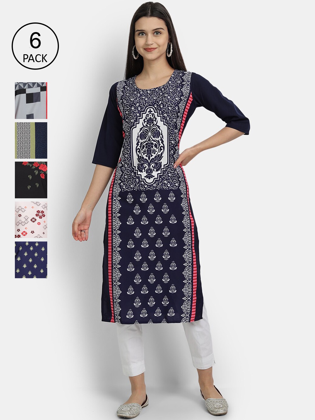 

7Threads Women Pack of 6 Geometric Printed Crepe Kurta, Multi