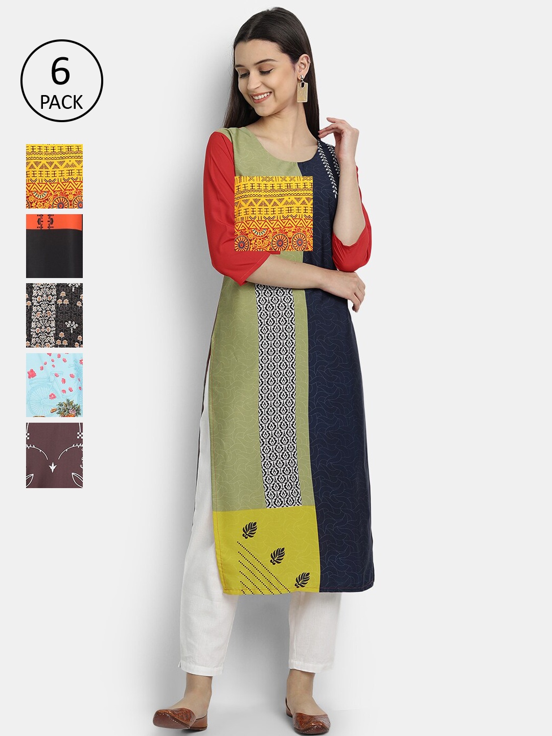

7Threads Women Multicoloured Geometric Colourblocked Patchwork Crepe Kurta, Multi