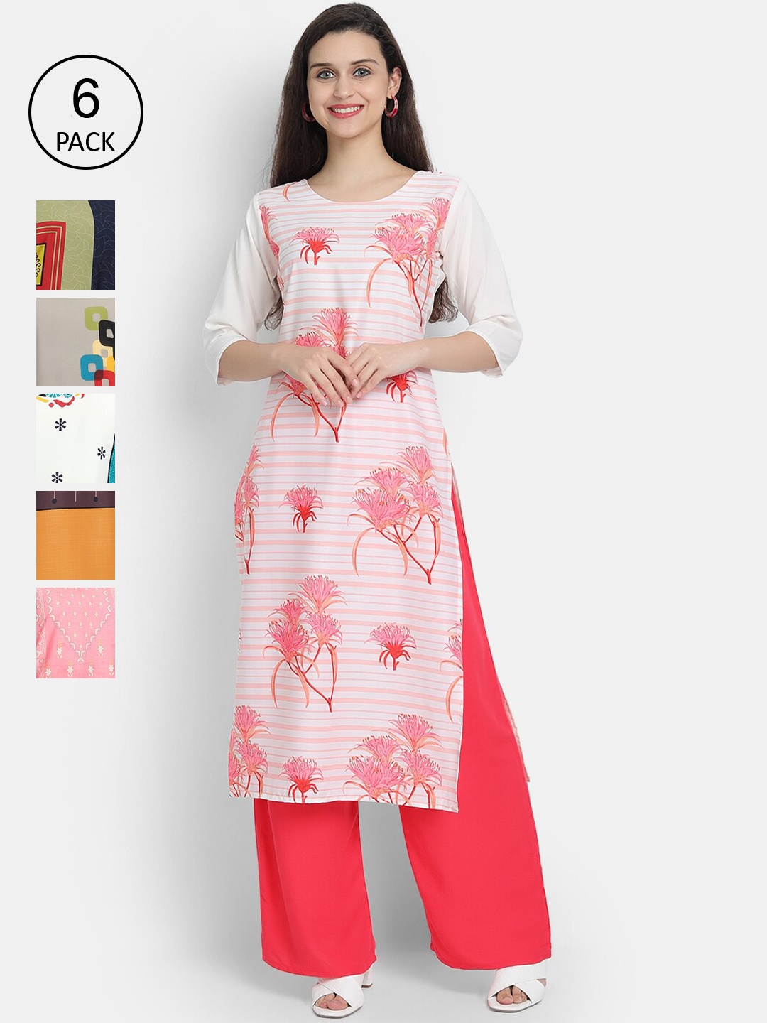 

7Threads Women Pink & Teal Floral Printed Crepe Kurta