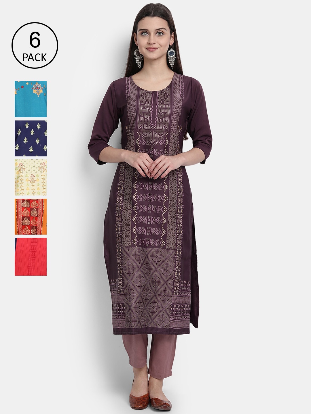 

7Threads Women Multicoloured Pack Of 6 Digital Printed Crepe Kurta, Multi
