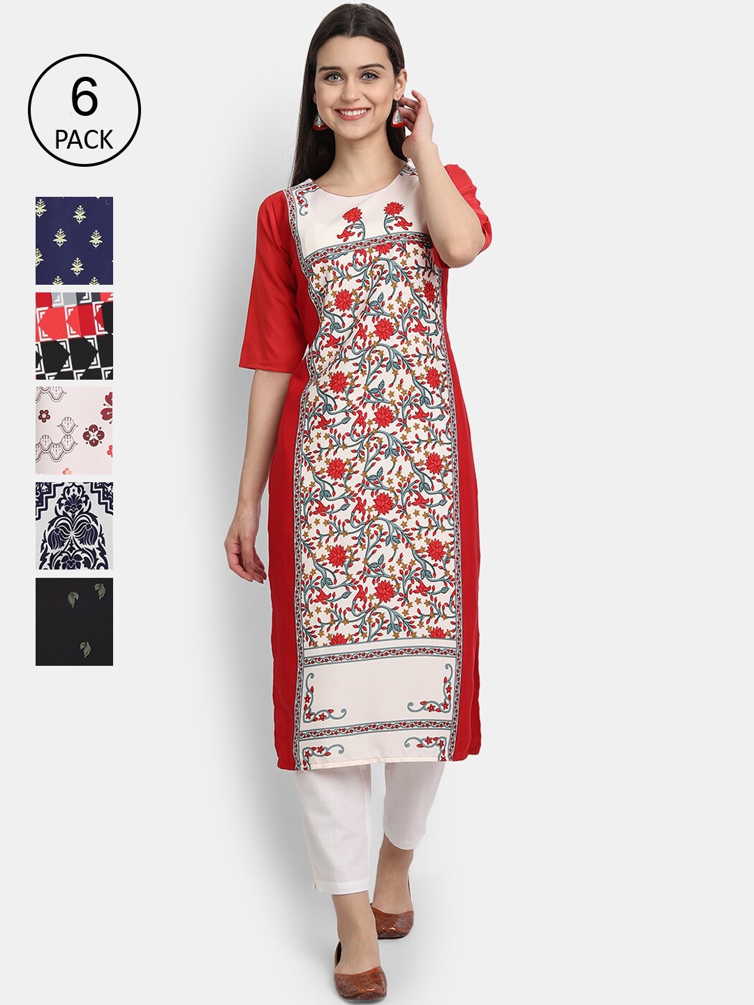 

7Threads Pack of 6 Women Printed Crepe Kurta, Multi