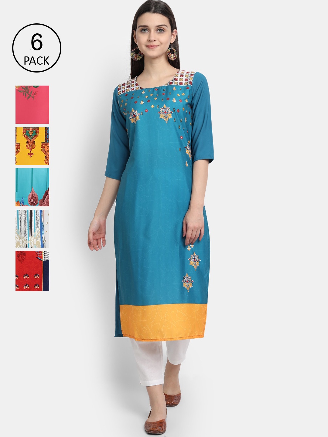 

7Threads Women Pack of 6 Multicoloured Printed Crepe Straight Kurta, Multi