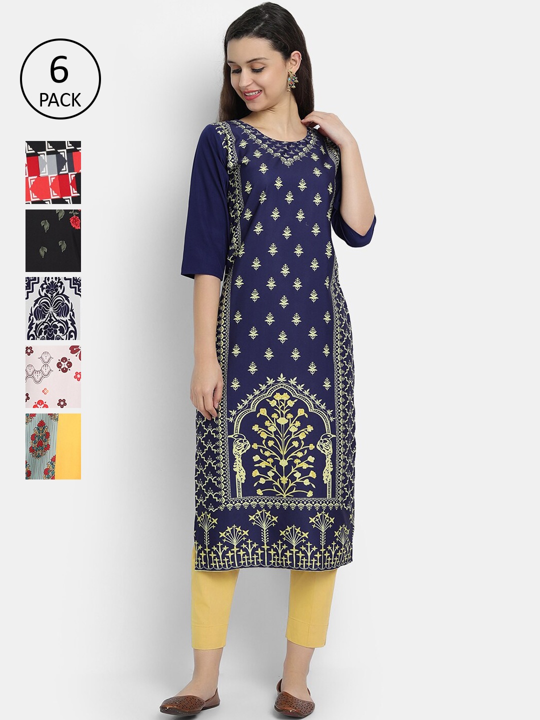 

7Threads Pack of 6 Women Printed Crepe Kurta, Multi