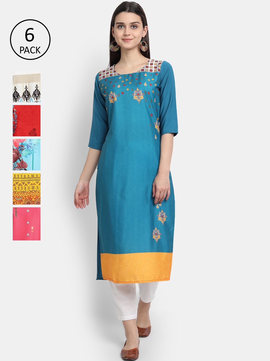 

7Threads Women Multicoloured & horizon blue Floral Yoke Design Thread Work Crepe Kurta, Multi