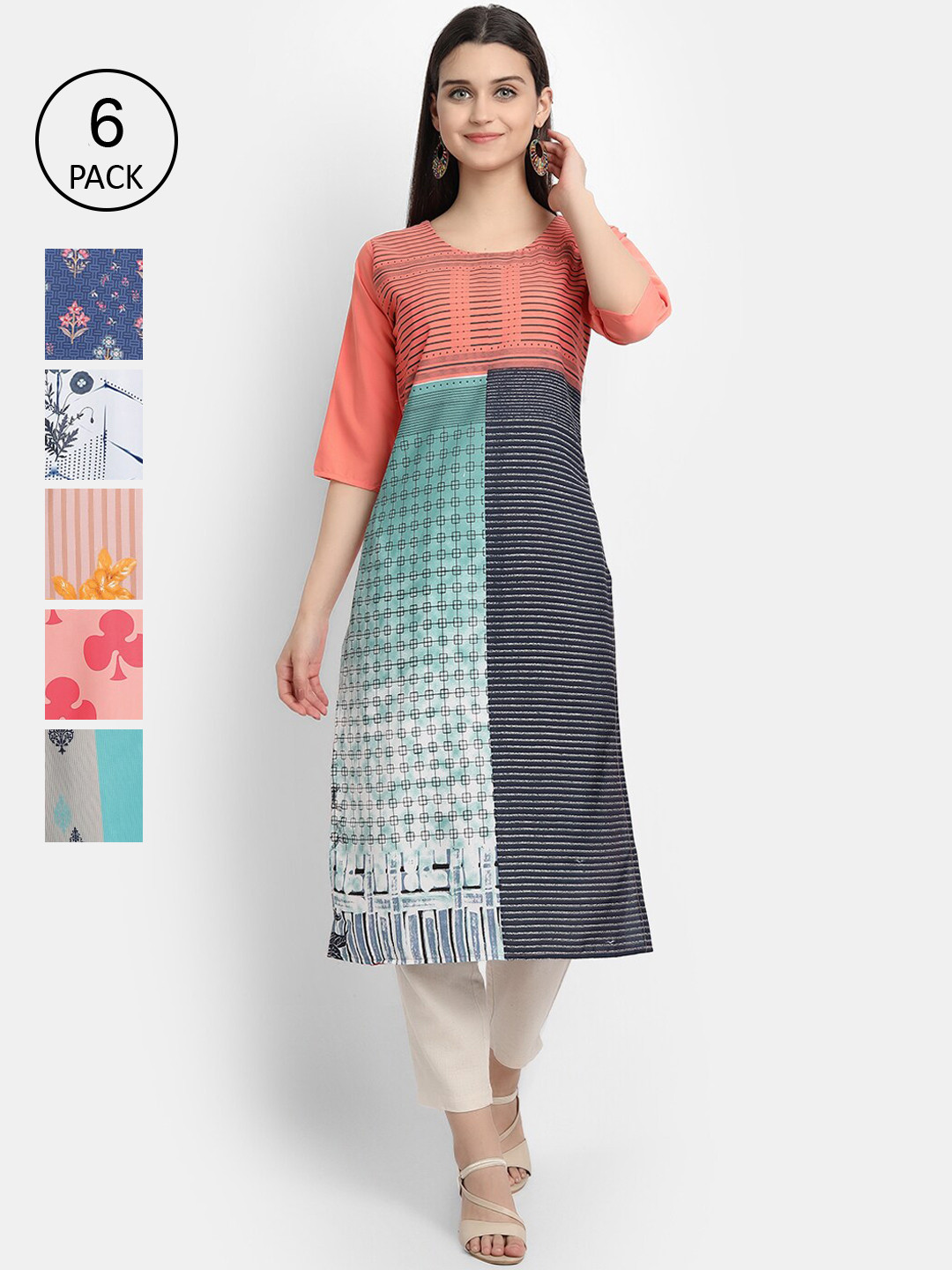 

7Threads Women Pack Of 6 Ethnic Motifs Printed Crepe Kurta, Multi