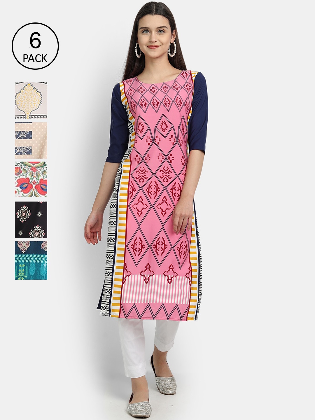 

7Threads Women Pink & Yellow Geometric Printed Crepe Kurta