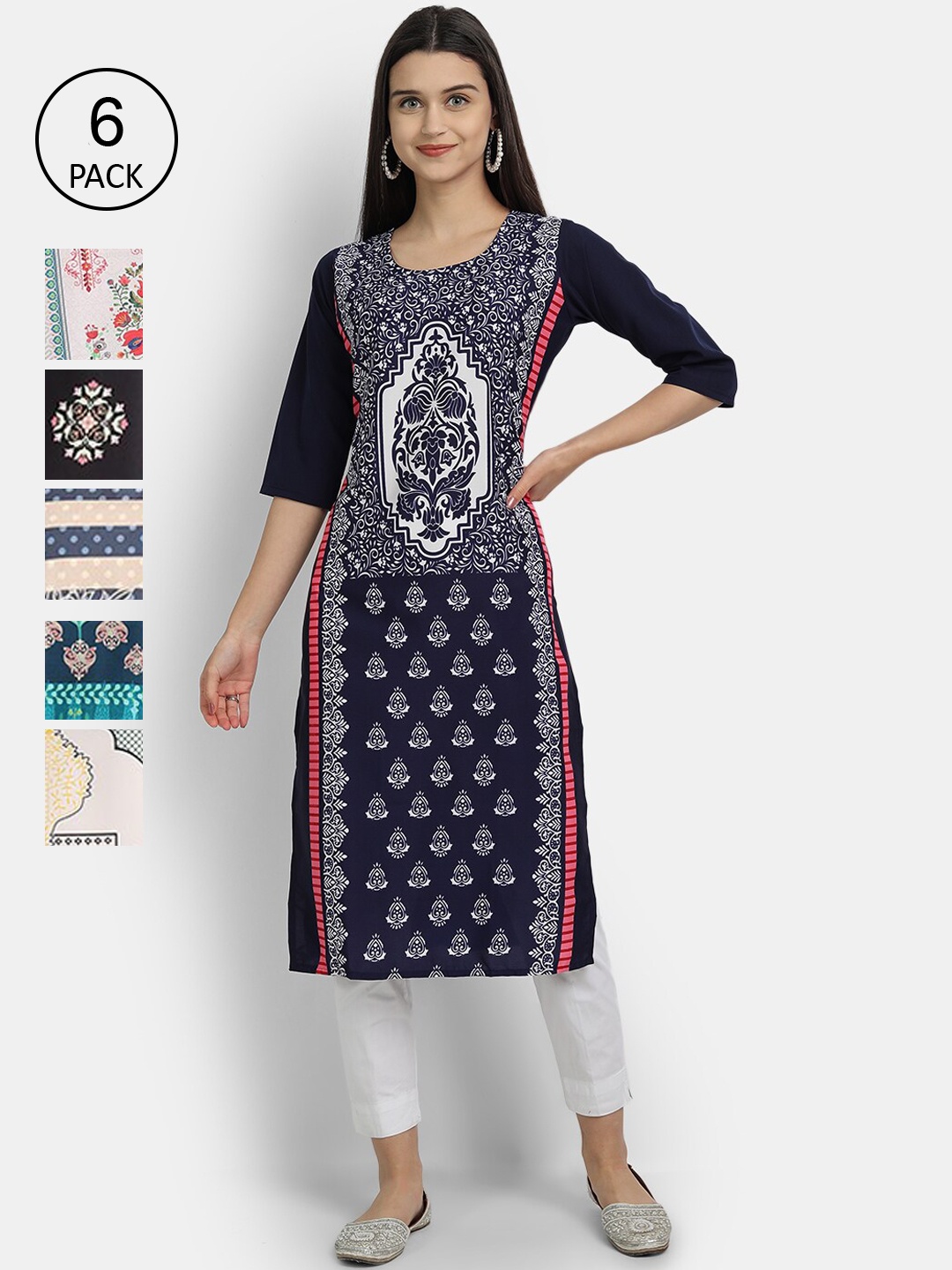 

7Threads Women Pack Of 6 Ethnic Motifs Printed Crepe Kurta, Multi