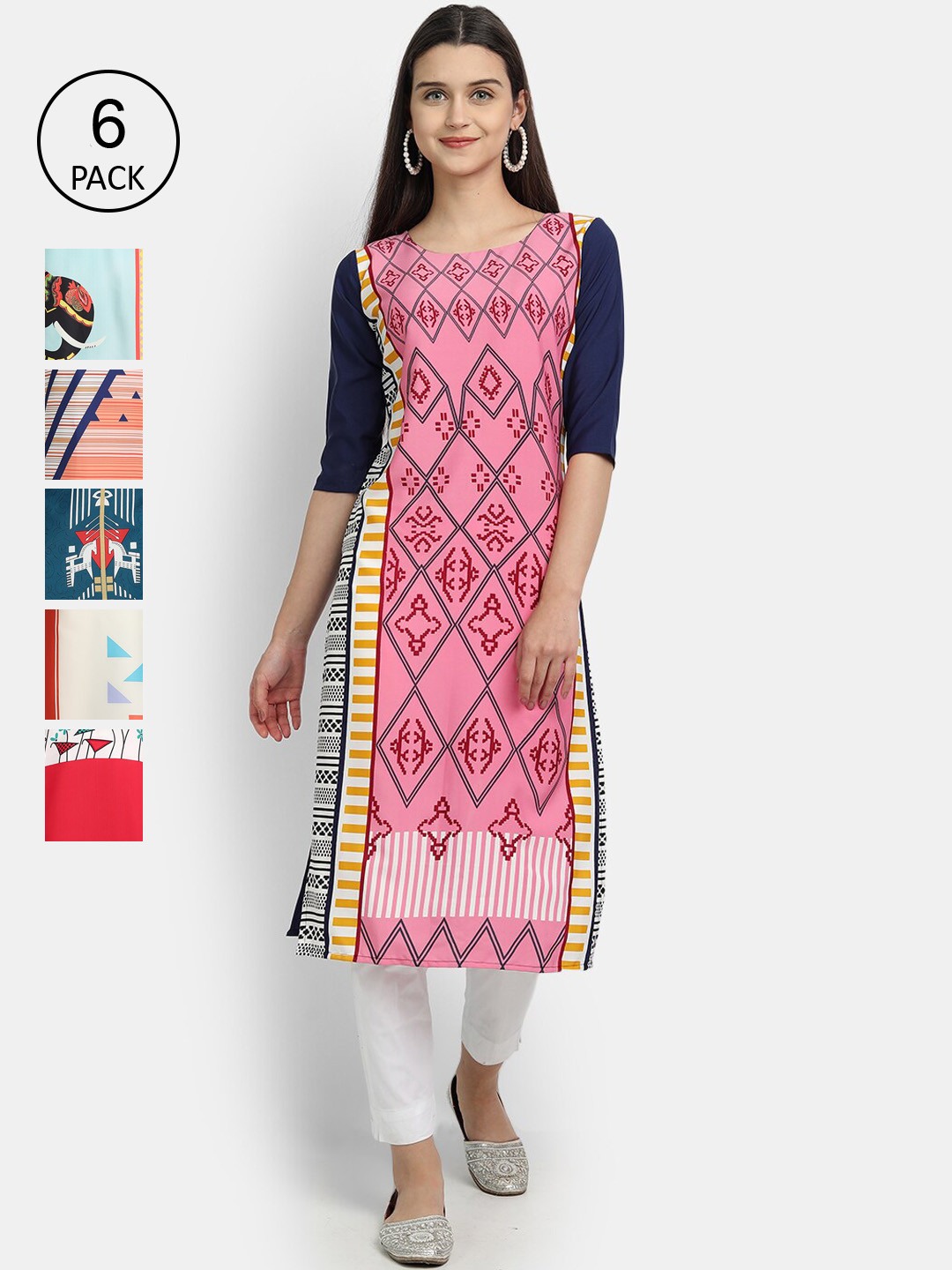 

7Threads Women Pink & Orange Geometric Printed Crepe Kurta