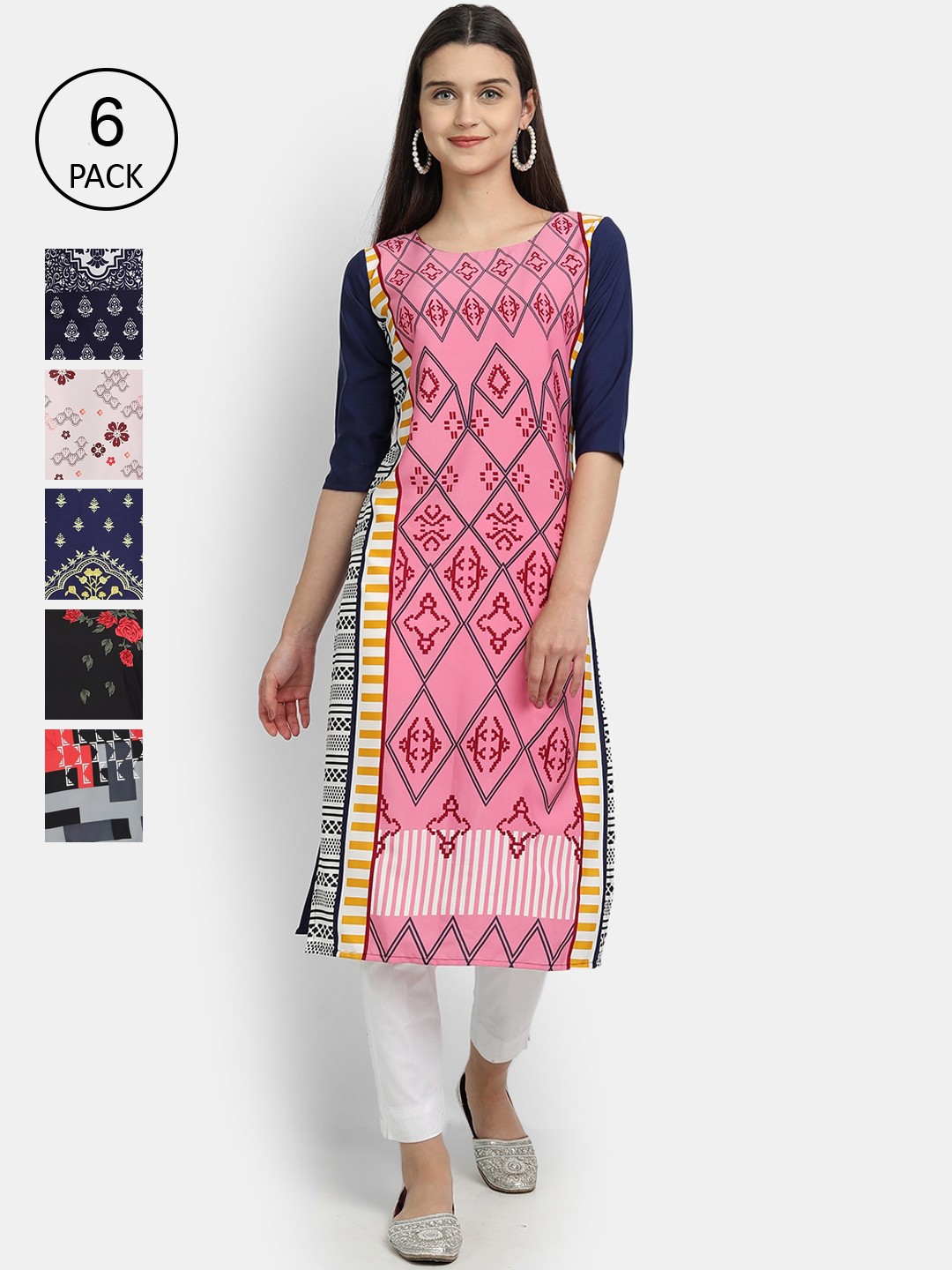 

7Threads Women Pink & Orange Geometric Printed Crepe Kurta