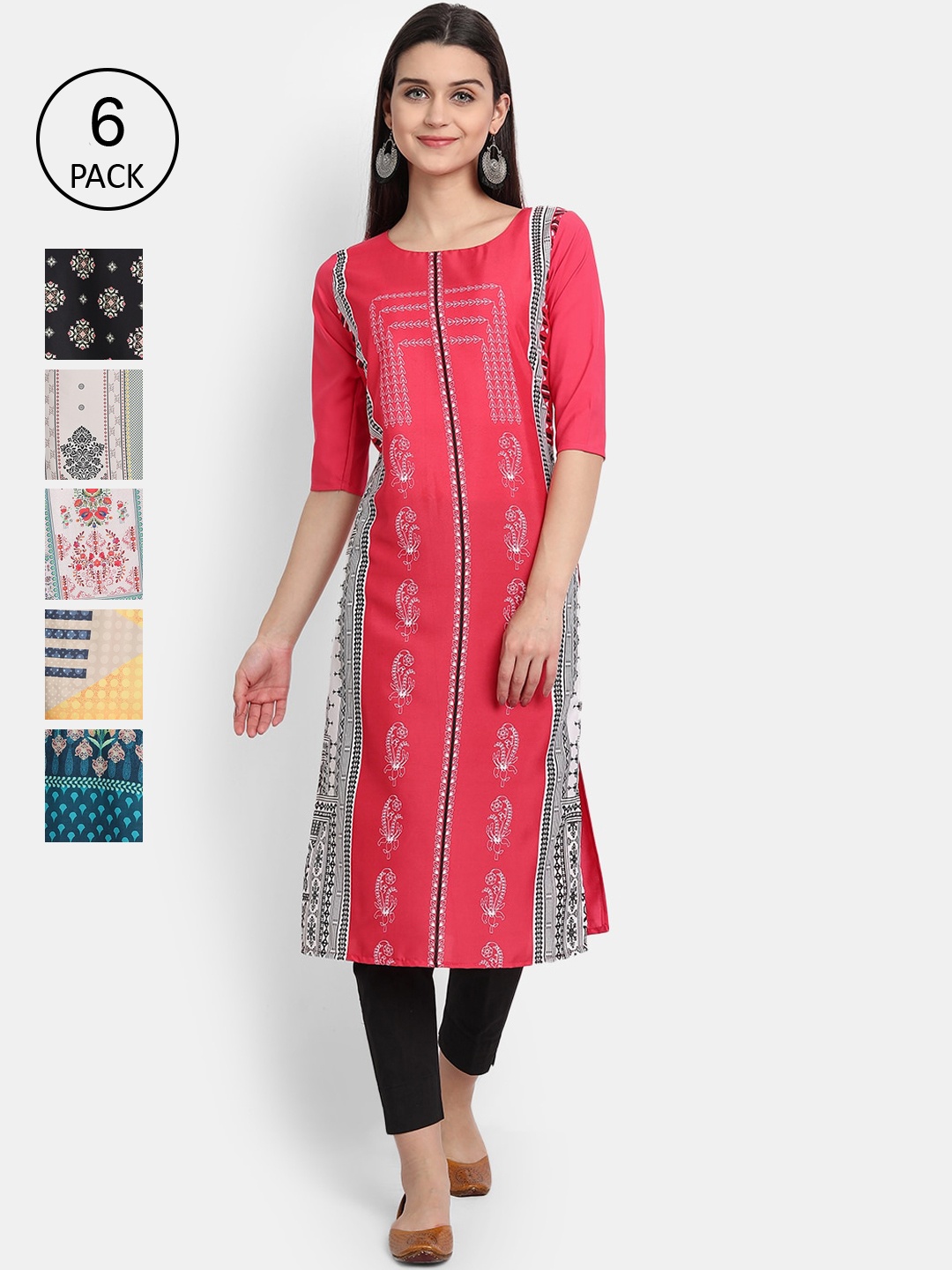 

7Threads Women Pack of 6 Ethnic Motifs Printed Crepe Kurta, Multi