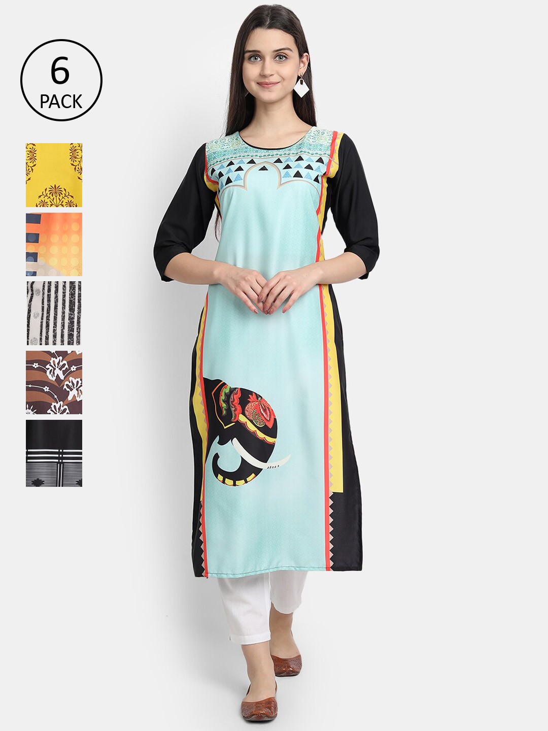 

7Threads Women Pack Of 6 Multicoloured Ethnic Motifs Printed Crepe Kurta, Multi