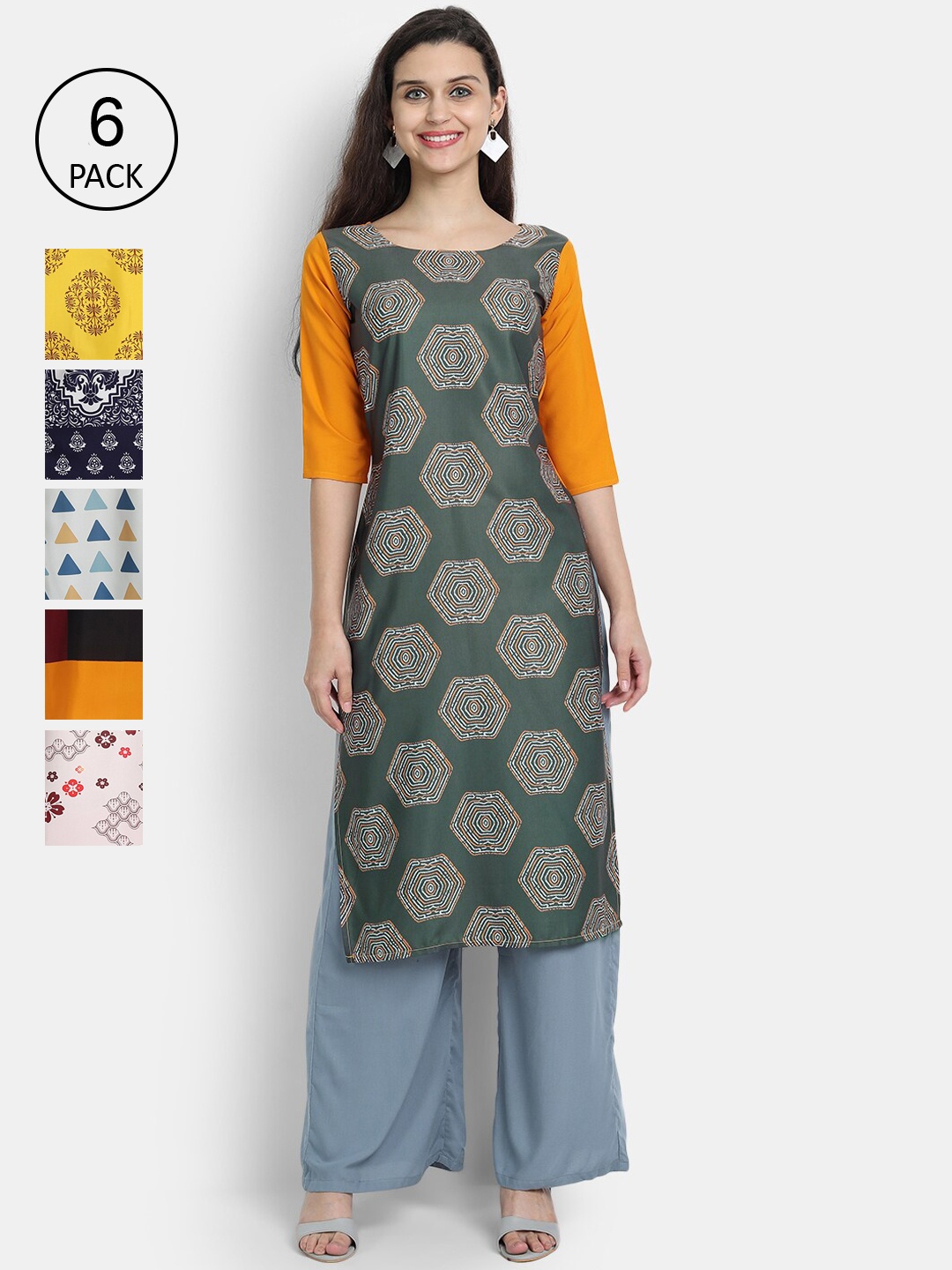 

7Threads Women Pack of 6 Ethnic Motifs Printed Crepe Kurta, Multi