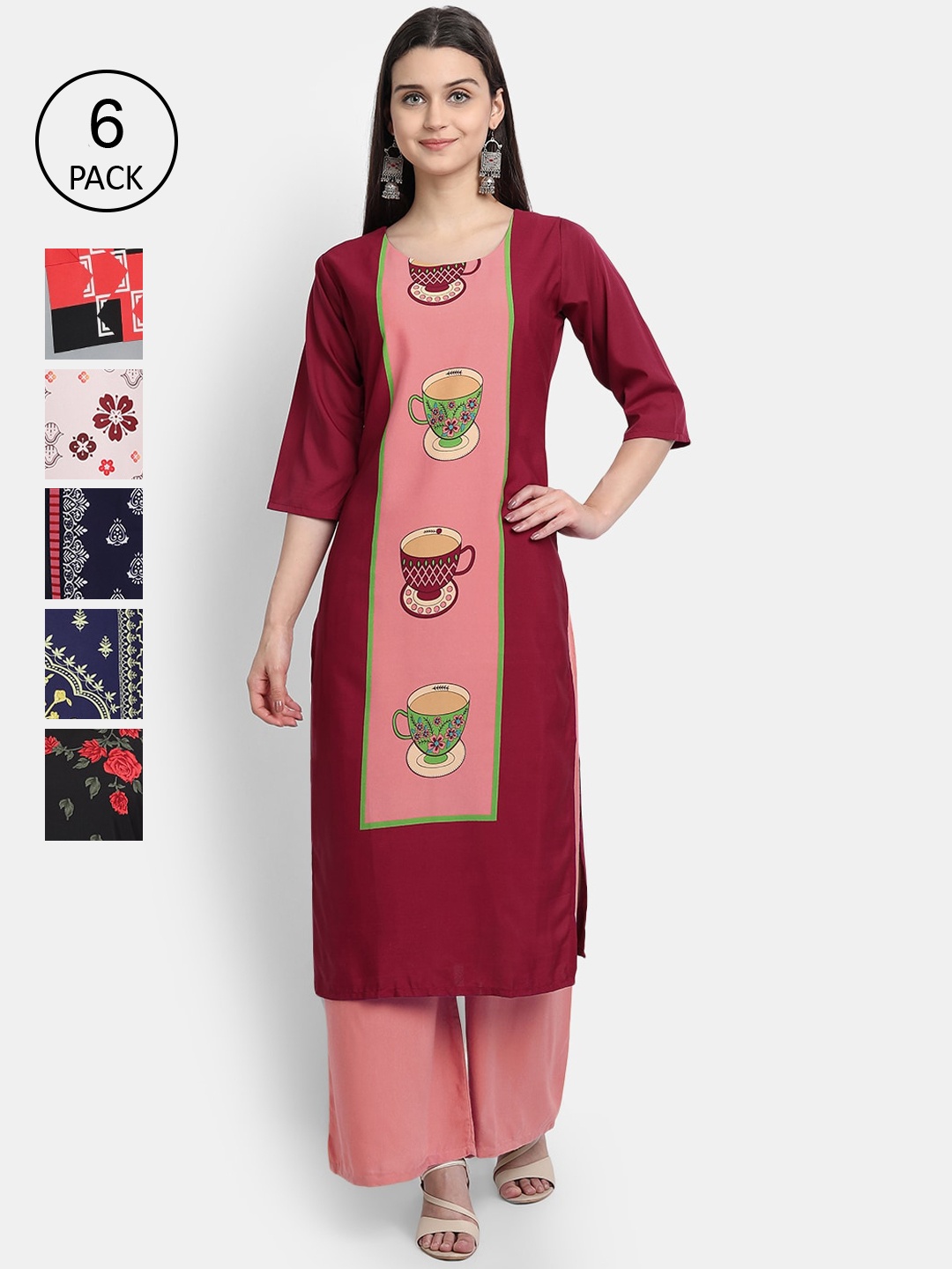 

7Threads Women Multicoloured Pack Of 6 Digital Printed Crepe Straight Kurta, Multi