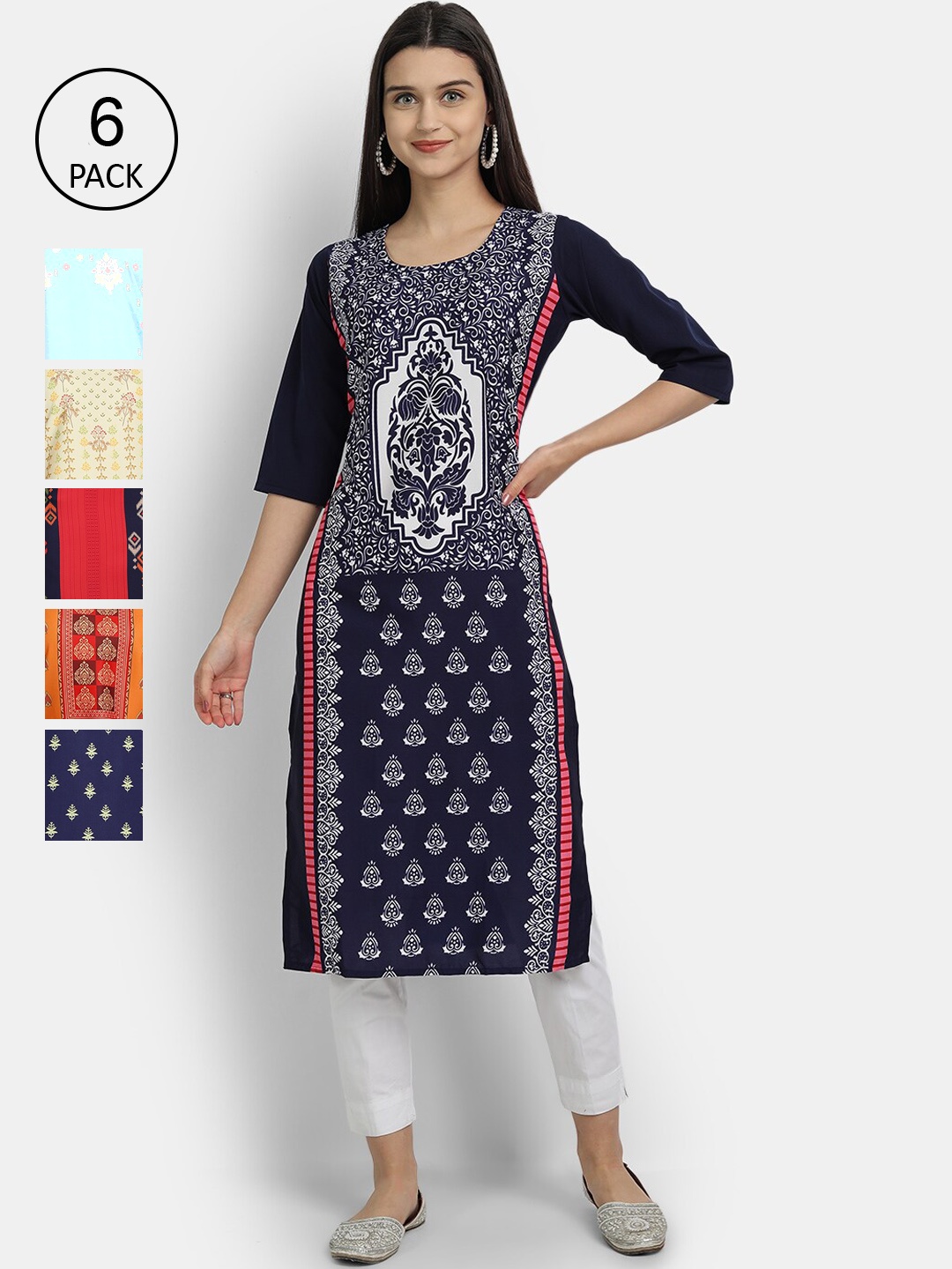 

7Threads Women Pack Of 6 Ethnic Motifs Printed Mirror Work Crepe Kurtas, Navy blue
