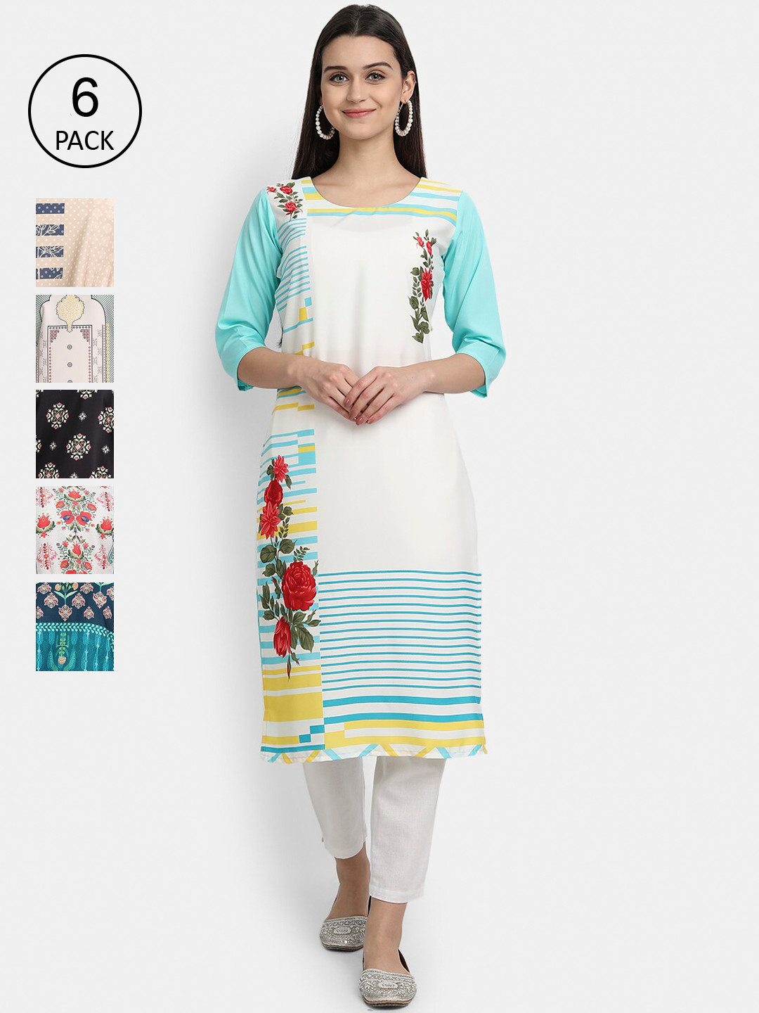 

7Threads Women Pack of 6 Multicoloured Printed Crepe Straight Kurta, Multi