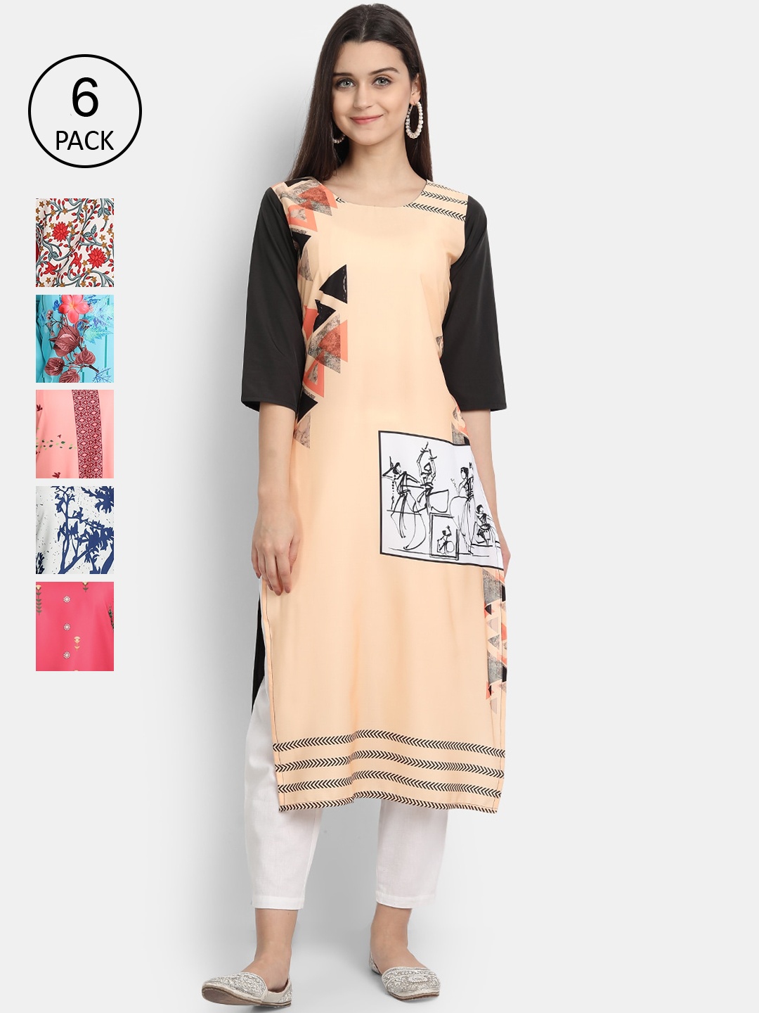 

7Threads Women Multicoloured Pack Of 6 Digital Printed Crepe Straight Kurta, Multi