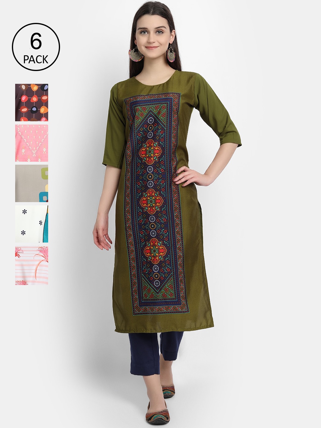 

7Threads Women Pack of 6 Ethnic Motifs Printed Crepe Kurta, Multi