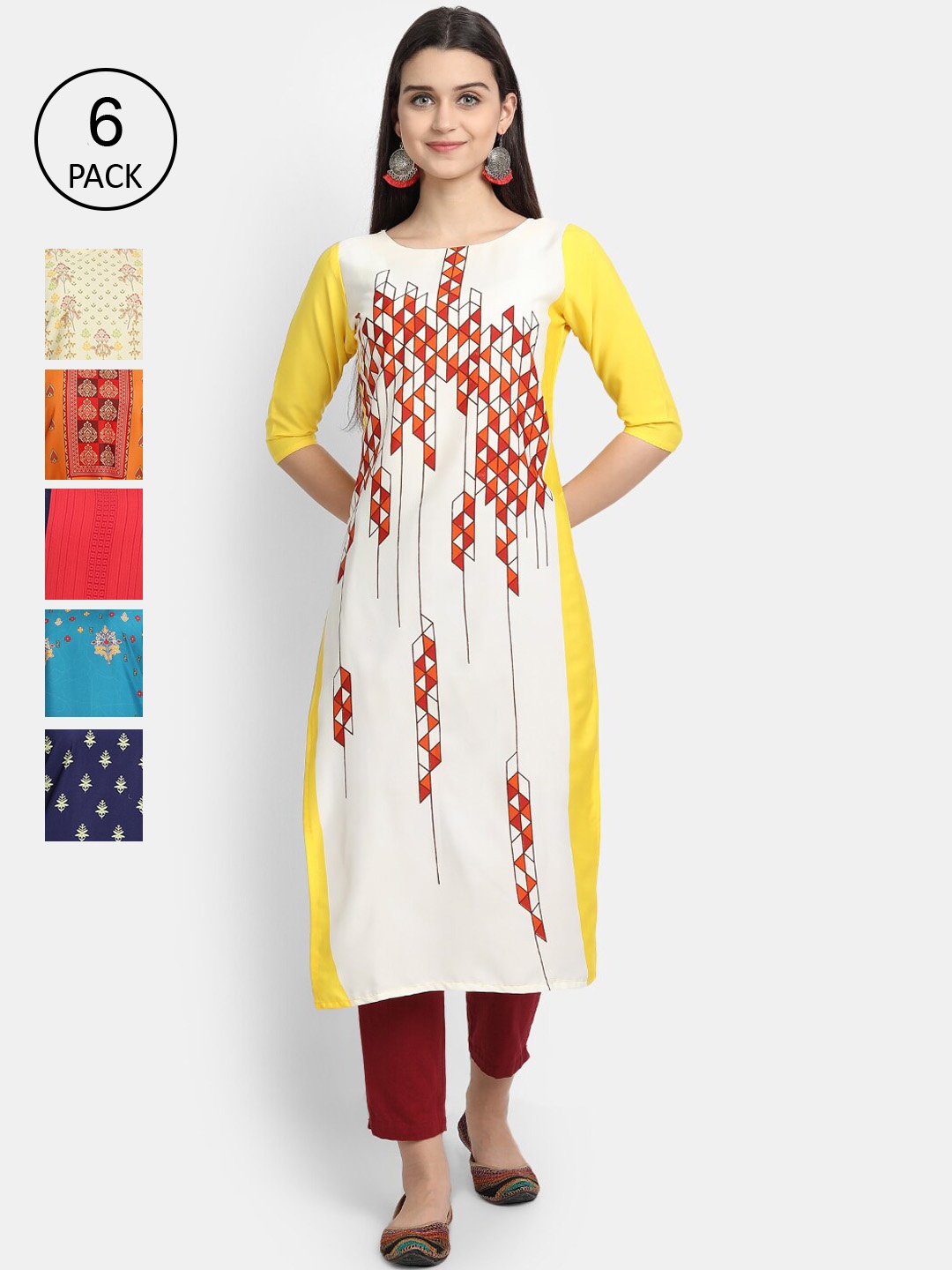 

7Threads Women Pack of 6 Ethnic Motifs Printed Crepe Kurta, Multi