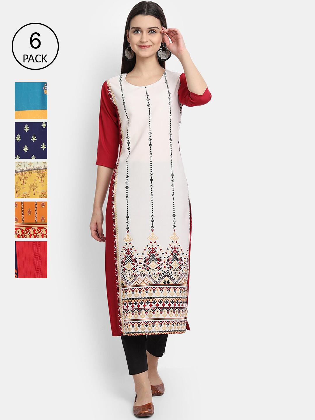 

7Threads Women Pack Of 6 Ethnic Motifs Printed Crepe Kurta, Multi