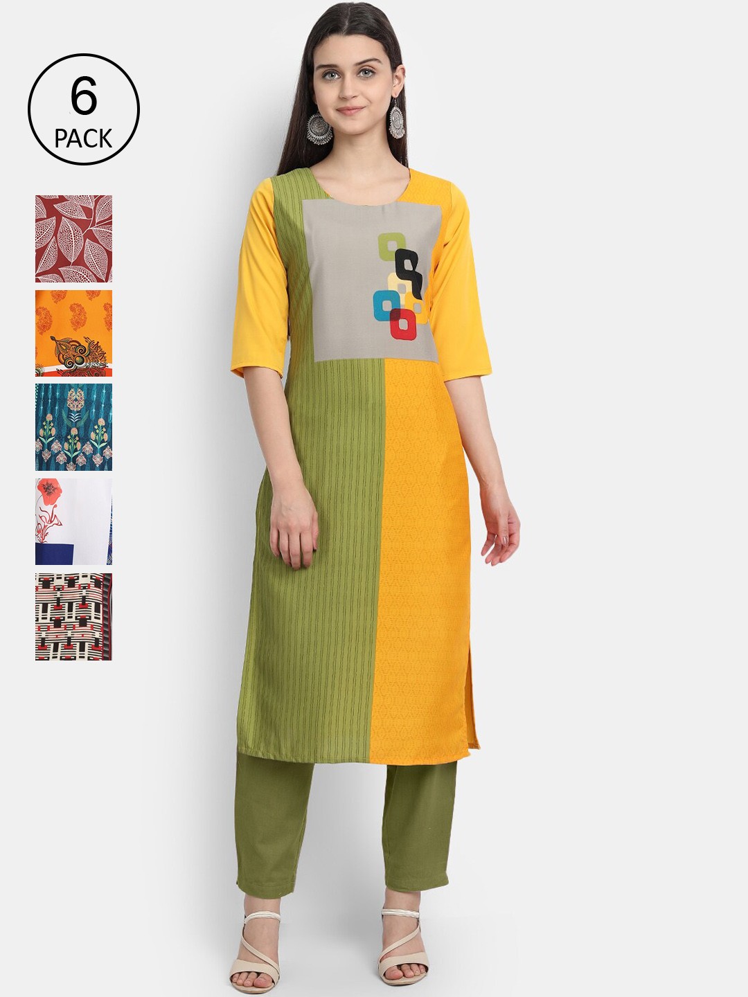 

7Threads Women Pack Of 6 Ethnic Motifs Printed Crepe Kurta, Multi