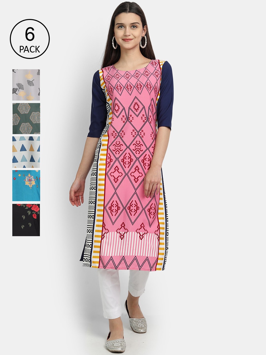 

7Threads Women Pack of 6 Ethnic Motifs Printed Crepe Kurta, Pink