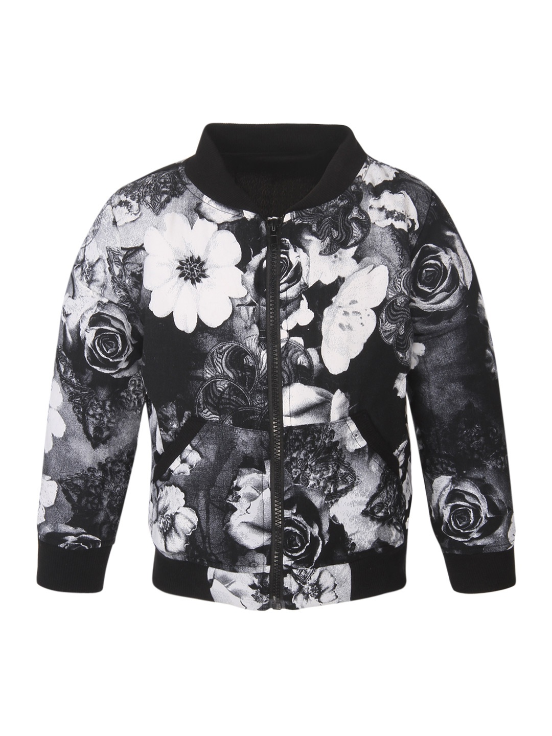 

StyleStone Girls Black & White Floral Print Bomber Jacket