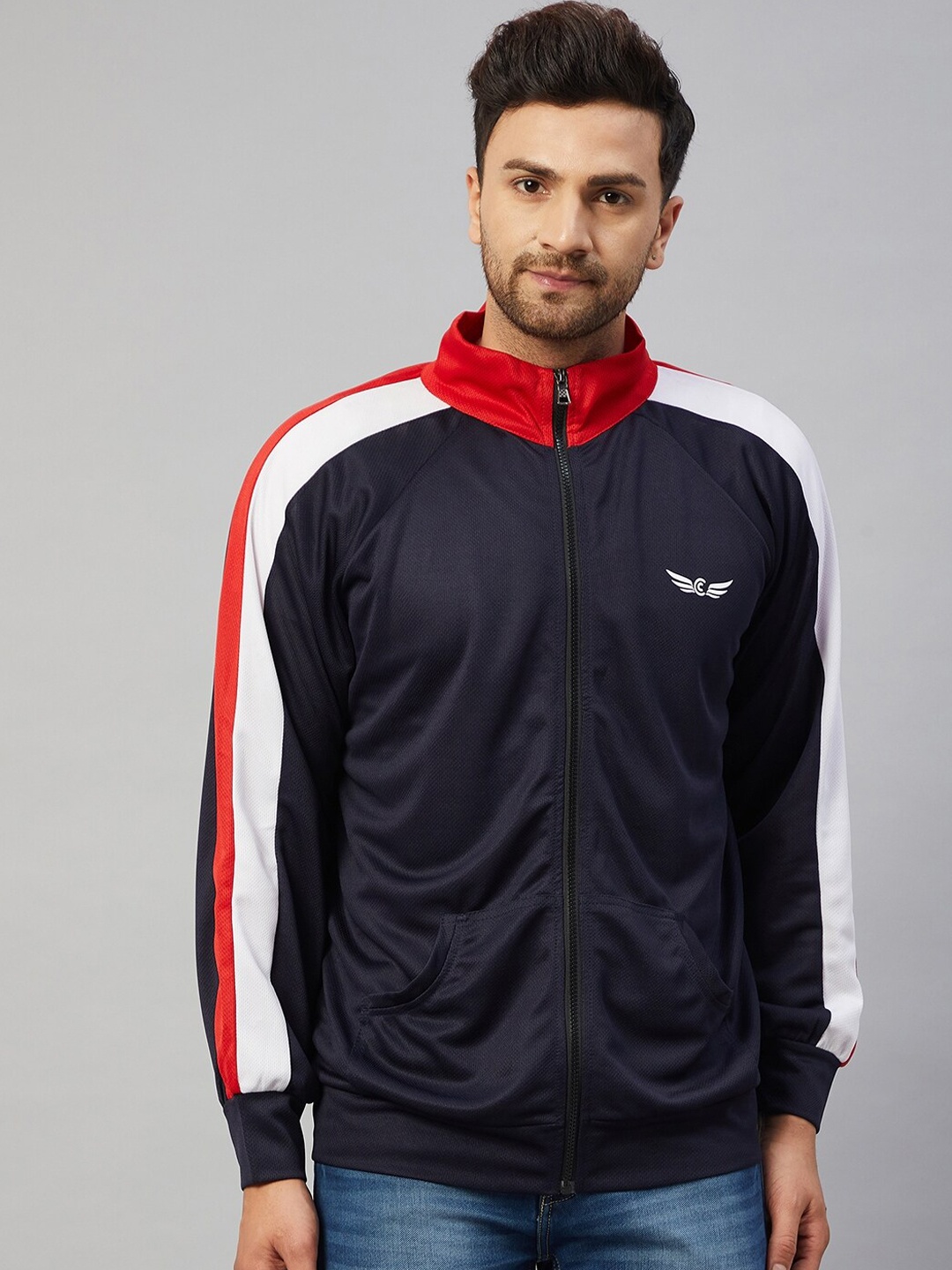 CHROME & CORAL Men Navy Blue Striped Lightweight Training or Gym Sporty Jacket