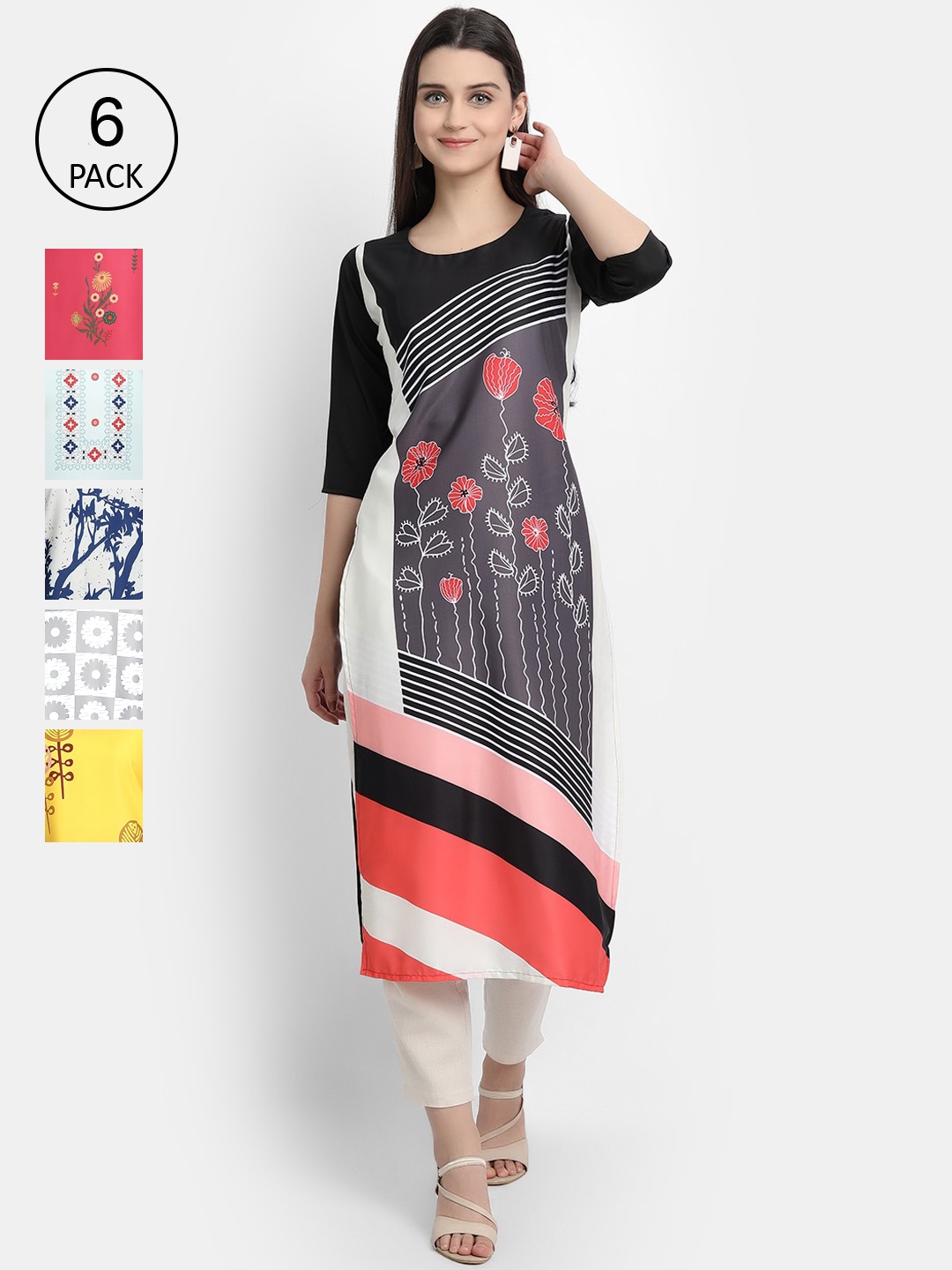 

7Threads Women Pack of 6 Multicoloured Printed Crepe Straight Kurta, Multi
