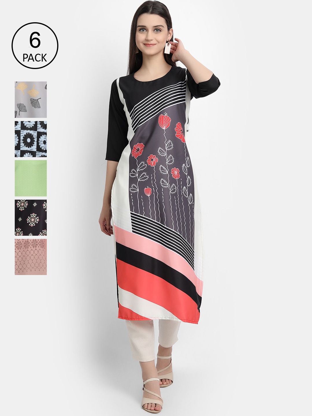 

7Threads Women Pack of 6 Ethnic Motifs Printed Crepe Kurta, Green