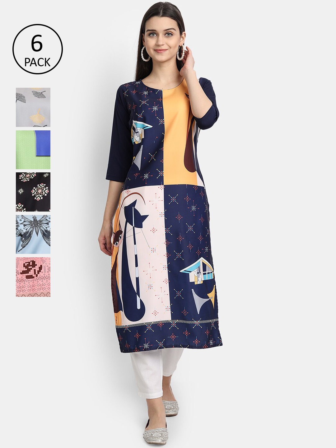 

7Threads Women Pack of 6 Ethnic Motifs Printed Crepe Kurta, Multi