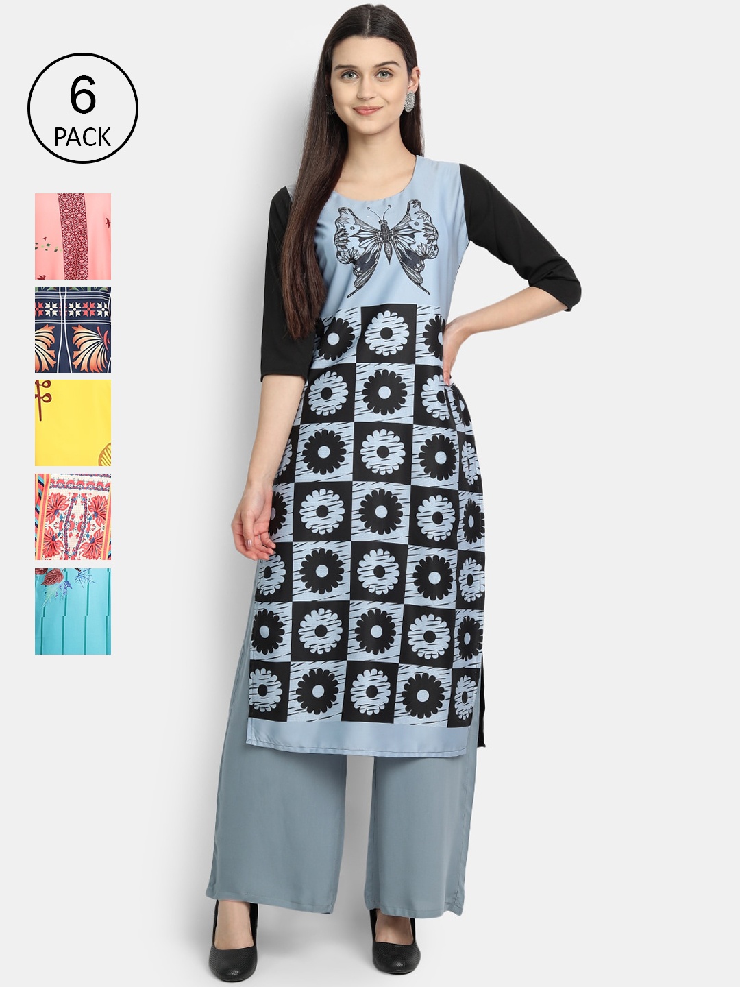 

7Threads Women Pack of 6 Multicoloured Printed Crepe Straight Kurta, Multi