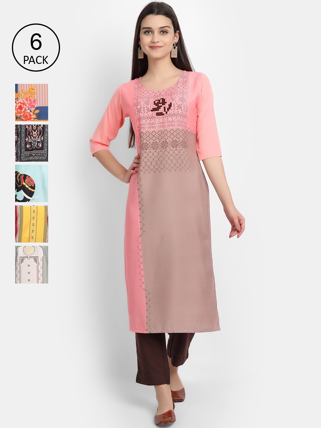7Threads Women Pack of 6 Ethnic Motifs Printed Crepe Kurta, Pink
