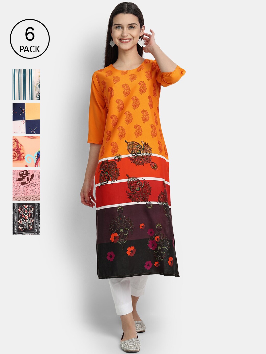 

7Threads Women Multicoloured Pack Of 6 Digital Printed Crepe Kurta, Multi