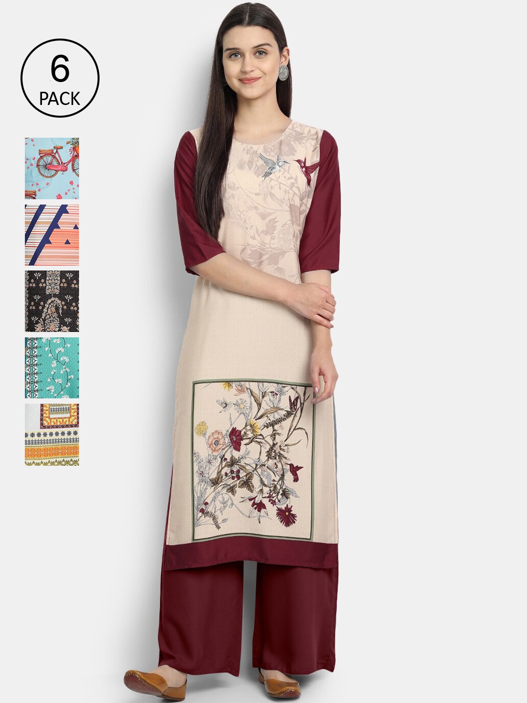 

7Threads Women Multicoloured Pack Of 6 Digital Printed Crepe Kurta, Multi
