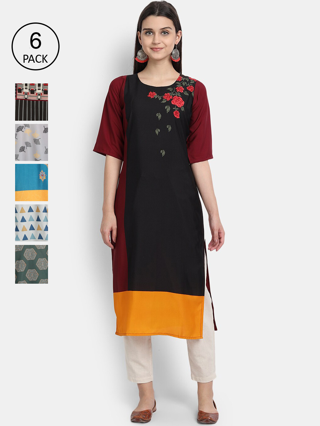 

7Threads Women Pack of 6 Multicoloured Printed Crepe Straight Kurta, Multi