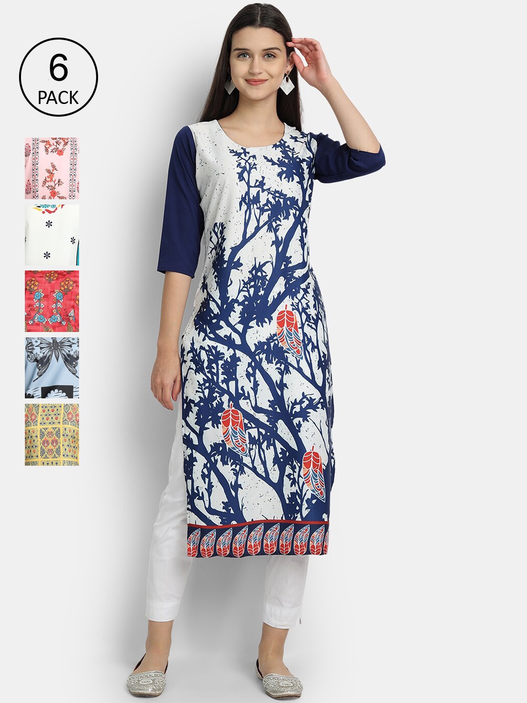 

7Threads Pack of 6 Women Printed Crepe Kurta, Multi