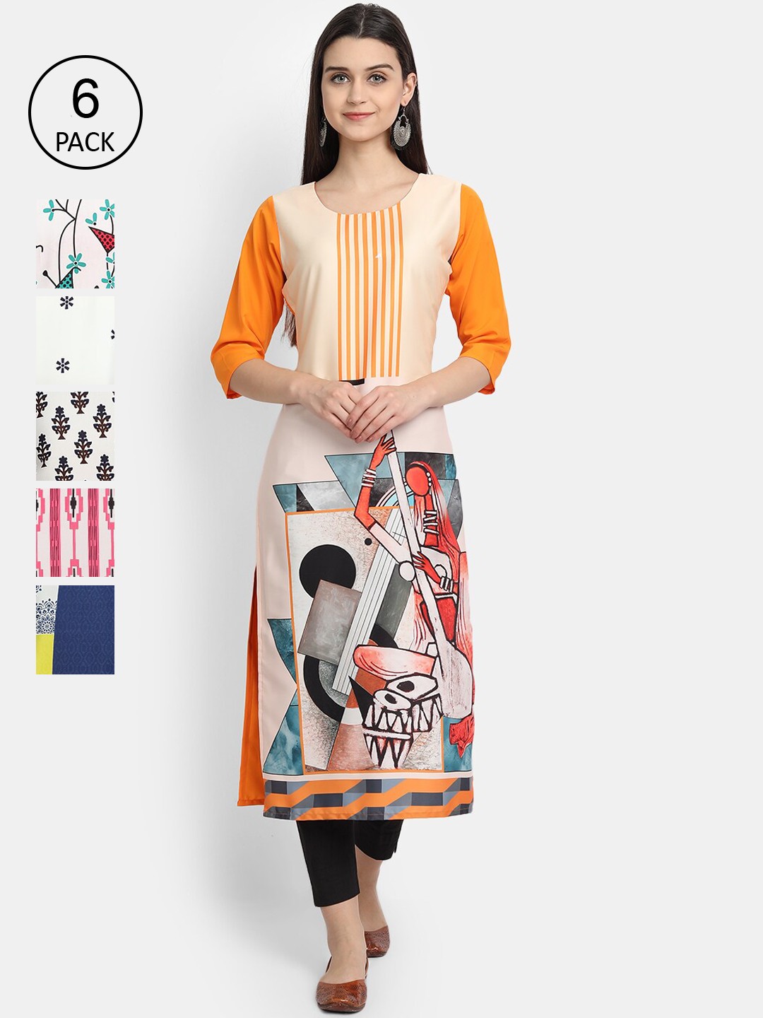 

7Threads Women Pack Of 6 Multicoloured Floral Printed Crepe Kurta, Multi