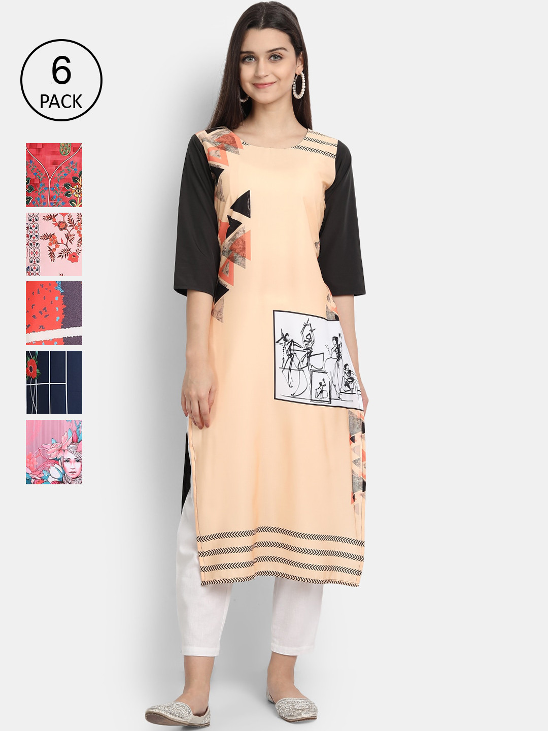 

7Threads Women Multicoloured & creampuff Geometric Printed Patchwork Crepe Kurta, Multi