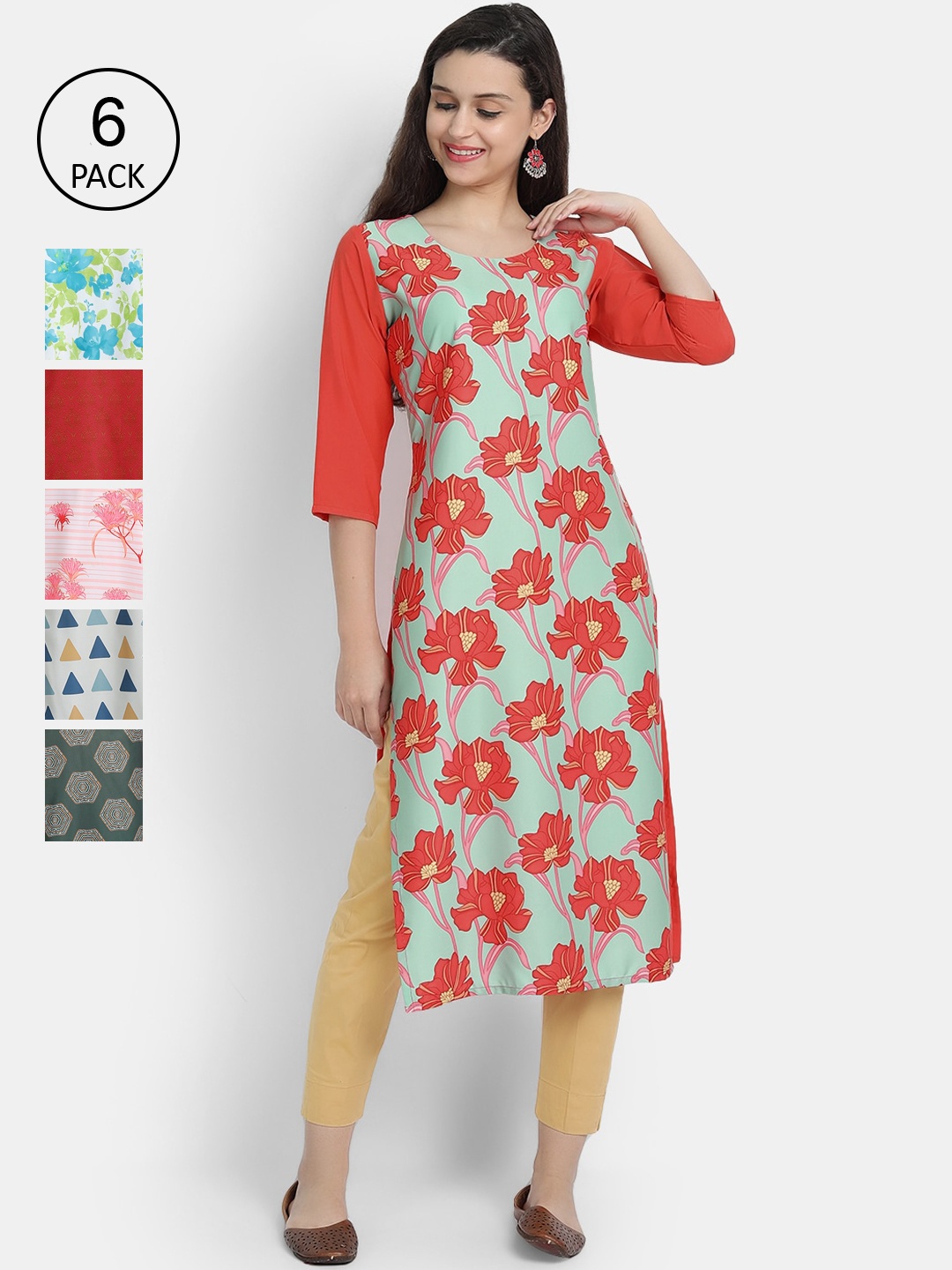 

7Threads Pack of 6 Women Printed Crepe Kurta, Multi