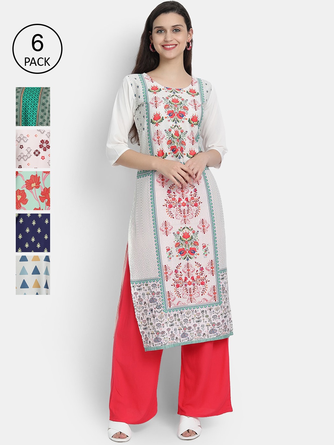 

7Threads Women Pack Of 6 Ethnic Motifs Printed Crepe Kurta, Multi