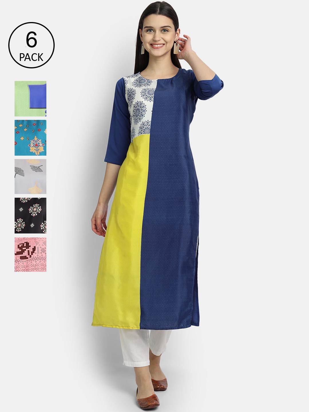 

7Threads Pack of 6 Women Printed Crepe Kurta, Multi