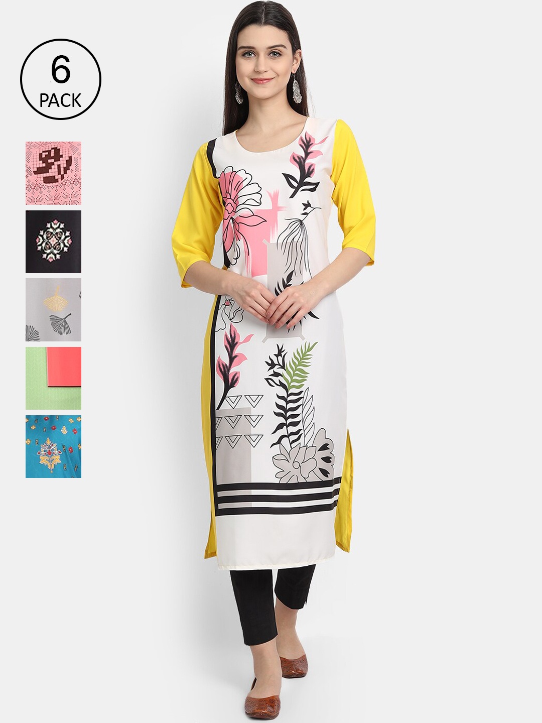 

7Threads Women Pack of 6 Floral Printed Crepe Kurta, Multi