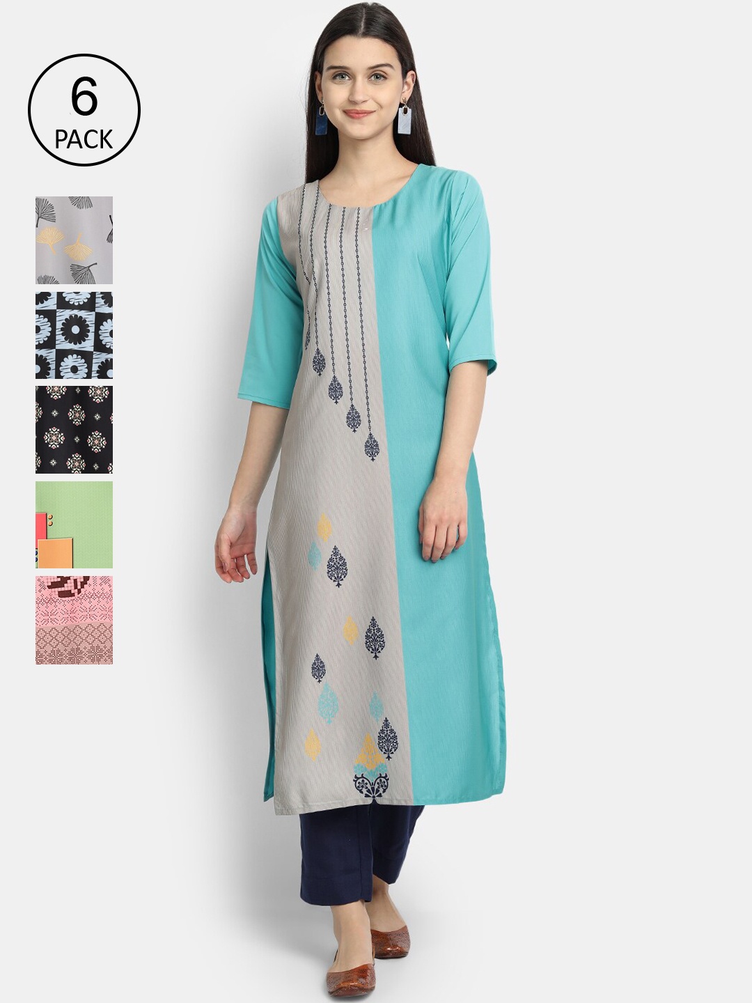 

7Threads Women Blue & Grey Pack Of 6 Ethnic Motifs Printed Crepe Kurtas
