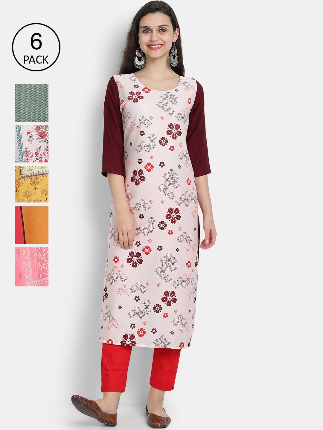

7Threads Women Multicoloured Pack Of 6 Digital Printed Crepe Straight Kurta, Multi