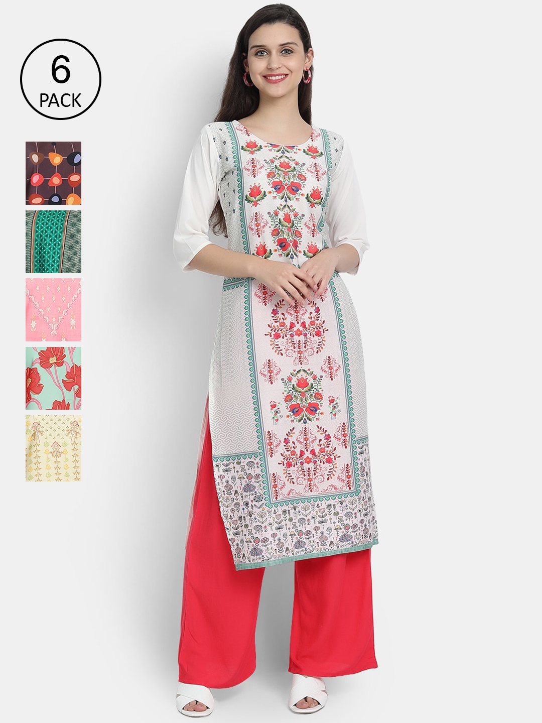 

7Threads Women Pink & White Floral Printed Mirror Work Crepe Kurta