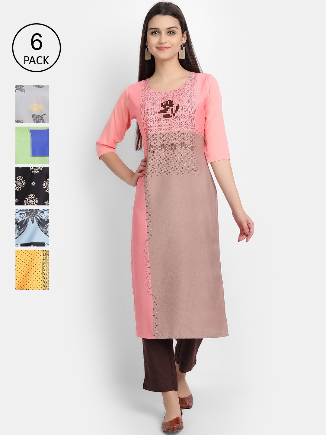 

7Threads Women Pack of 6 Ethnic Motifs Printed Crepe Kurta, Pink