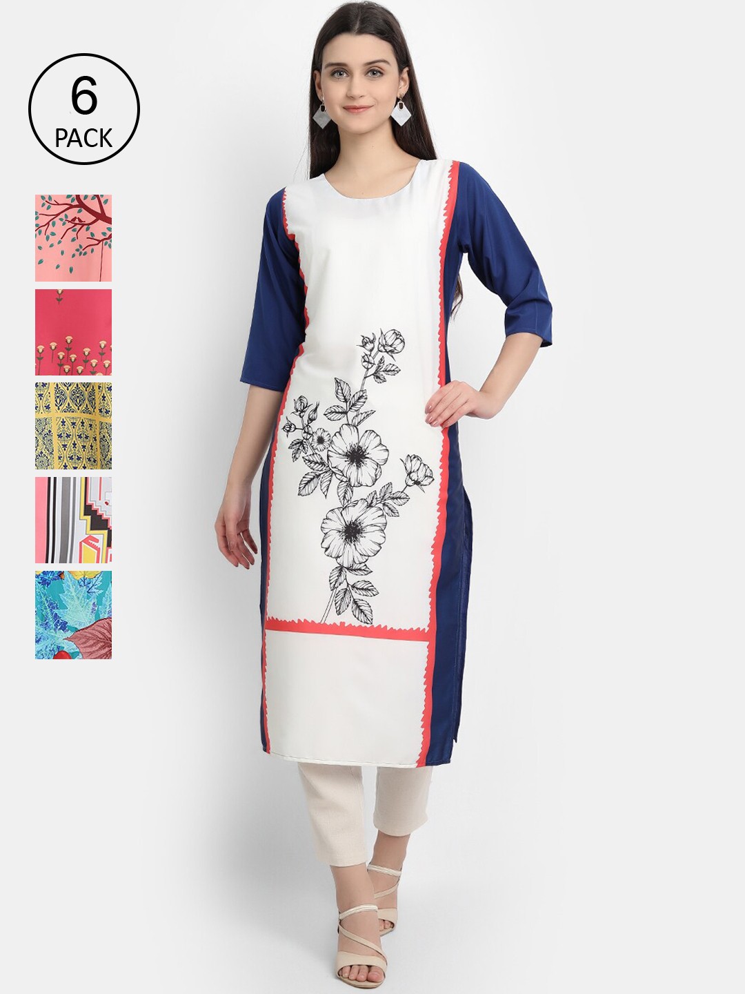 

7Threads Women White & Pink Floral Printed Crepe Kurta