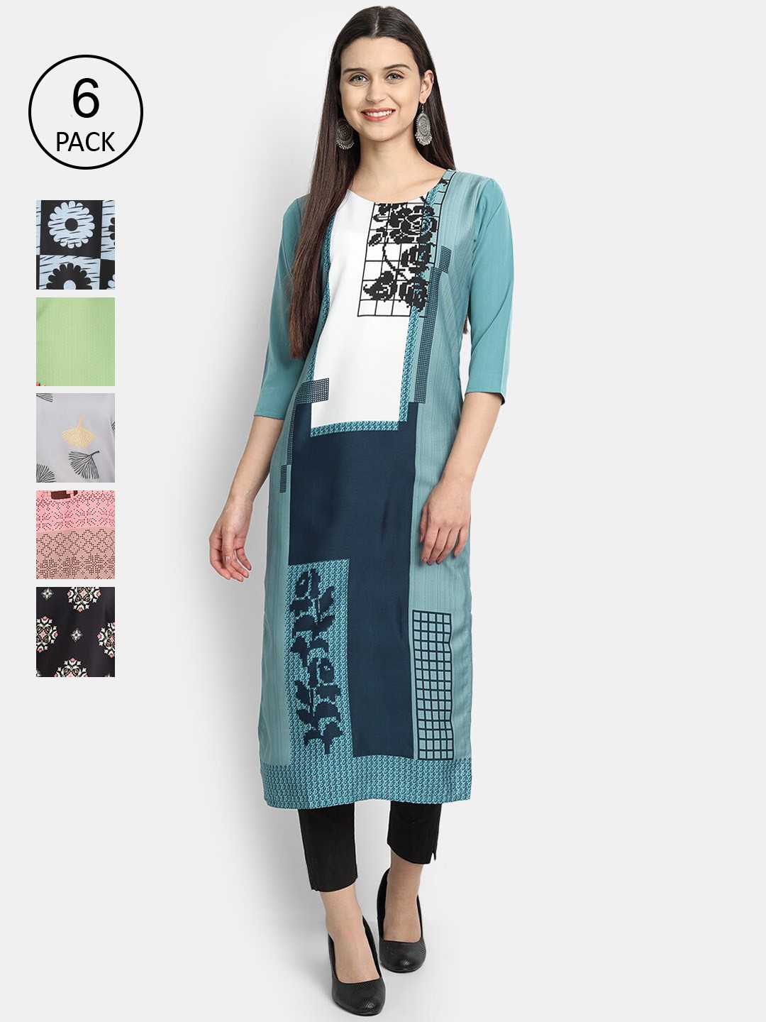 7Threads Pack of 6 Women Printed Crepe Kurta, Multi